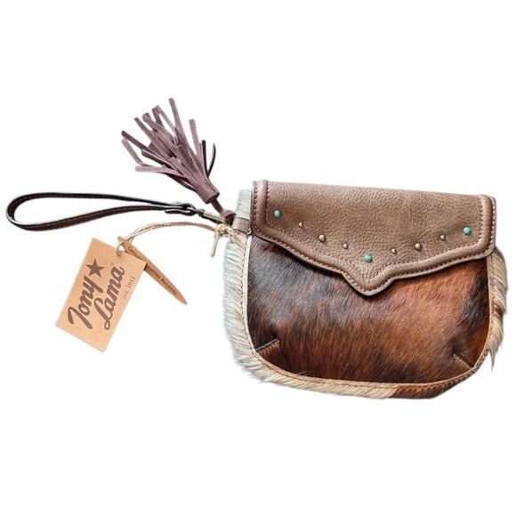 NWT- Tony Lama- Genuine Leather and Hair w Turquoise Detail Wristlet Purse - Picture 1 of 8
